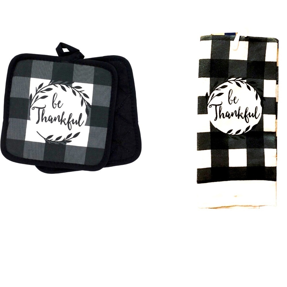 NWT Home Collection Black & White Buffalo Check Kitchen Linens Set “Be Thankful”